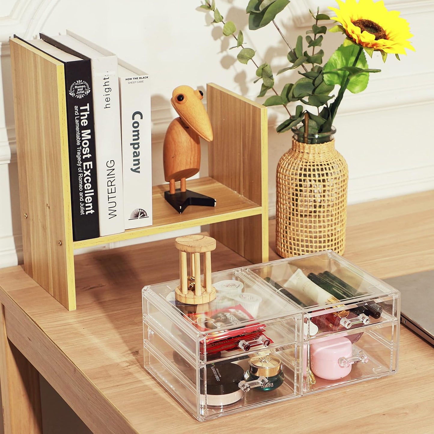 Cq acrylic Drawer Organizer with 3 Long Drawers,Stacking Office Supply Organizer and Desk Pen Storage and Stationary Organizer,Clear Makeup Storage Organizer for Palettes,Cosmetic, Beauty for Vanity