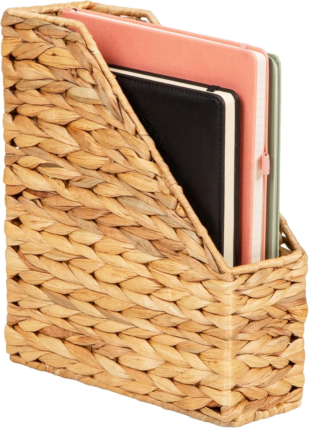 Mind Reader Rattan Vertical File Organizer with Iron Frame, Desktop Organizer, Holds Letter Size Documents, Brown