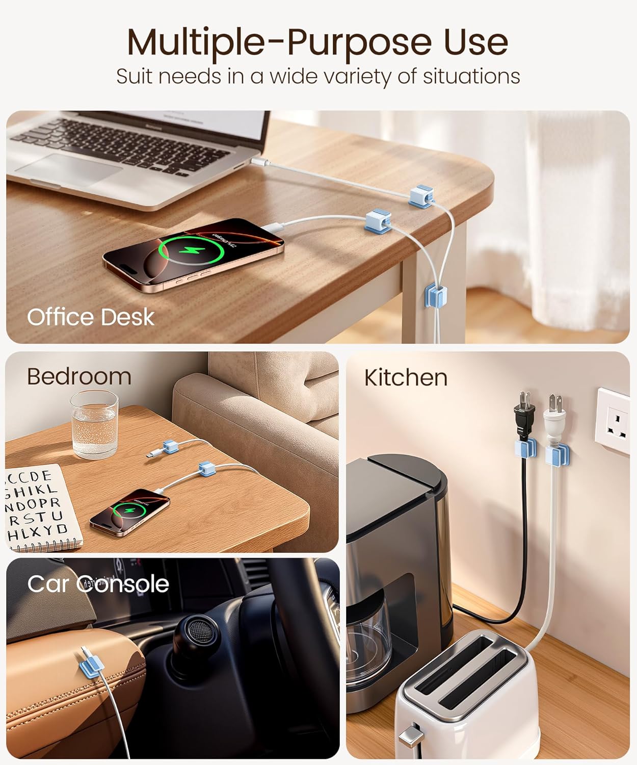 6 Pack Magnetic Cable Clips, Glow in The Dark Cable Holders, GolbinBox Cord Organizer with Shockproof Silicone, Fits up to 8mm Adhesive Cord Clips for Desk, Wall, Nightstand, Car, Home, Office, Blue