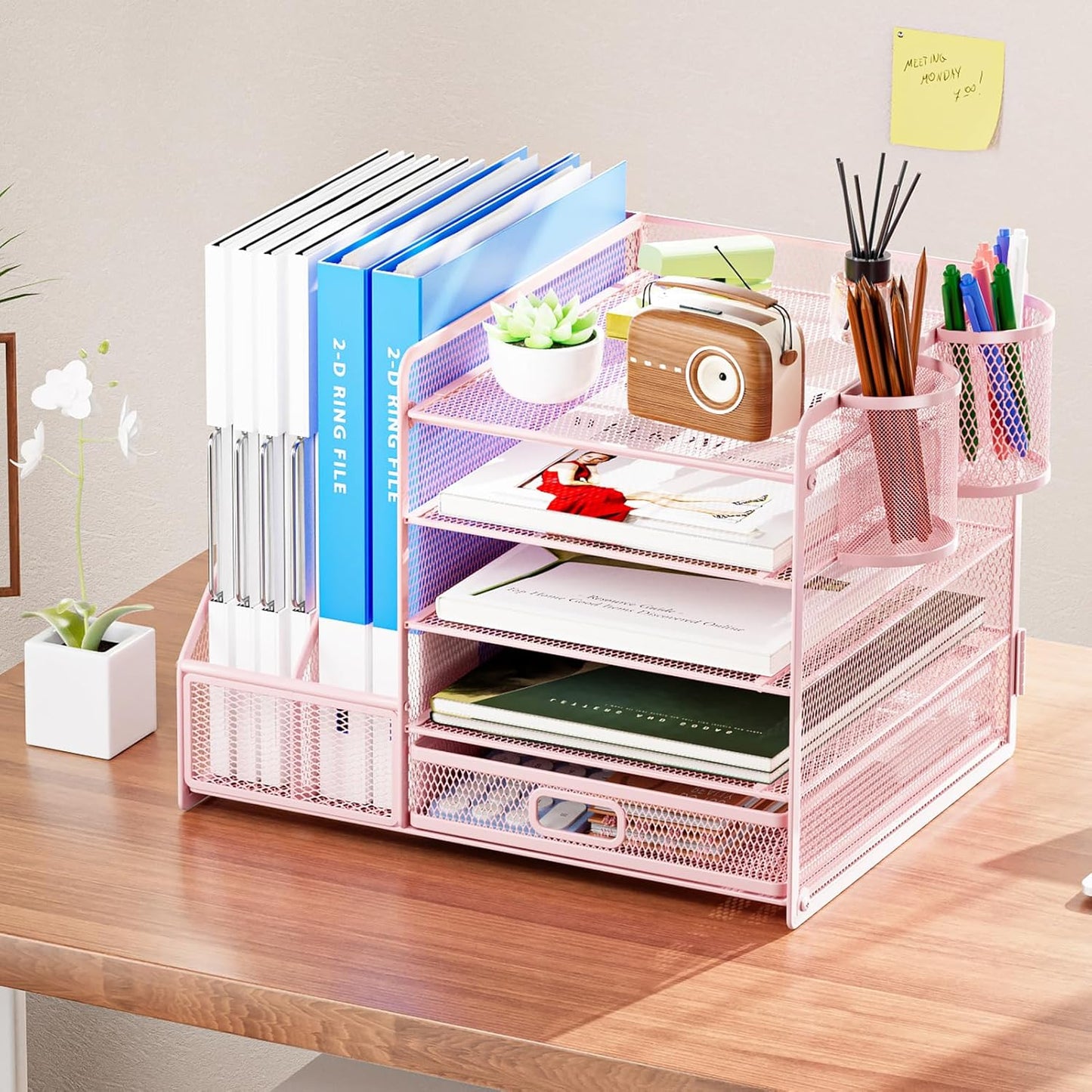 Marbrasse Desk Organizer with File Holder, 5-Tier Paper Letter Tray Organizer with Drawer and 2 Pen Holder, Mesh Desktop Organizer and Storage with Magazine Holder for Office Supplies(Black)