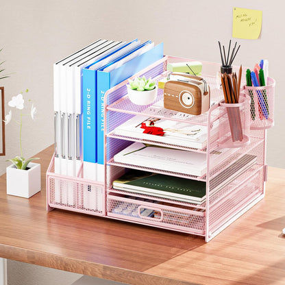 Marbrasse Desk Organizer with File Holder, 5-Tier Paper Letter Tray Organizer with Drawer and 2 Pen Holder, Mesh Desktop Organizer and Storage with Magazine Holder for Office Supplies(Black)