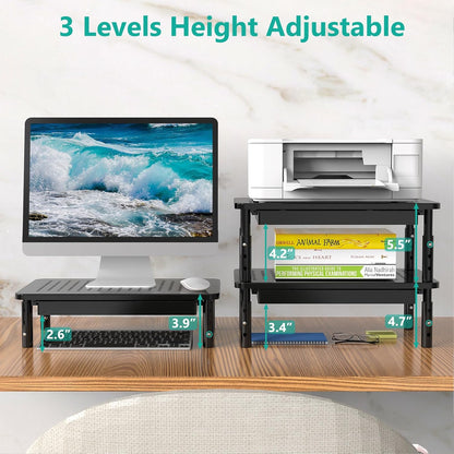 WALI Computer Monitor Stand with Storage, Desk Monitor Riser 3 Height Adjustable, Laptop Riser with Airflow Vents, Desk Organizer for Computer, Laptop, Printer (PTT002-B), 1 Pack, Black