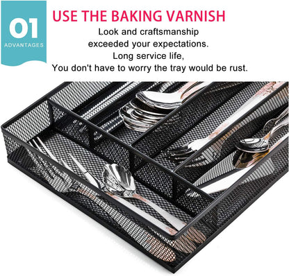 JANE EYRE Utensil Drawer Organizer, Cutlery Tray Silverware Flatware Storage Divider for Kitchen, Mesh Wire with Non-slip Foam Feet, 5 Component, Black