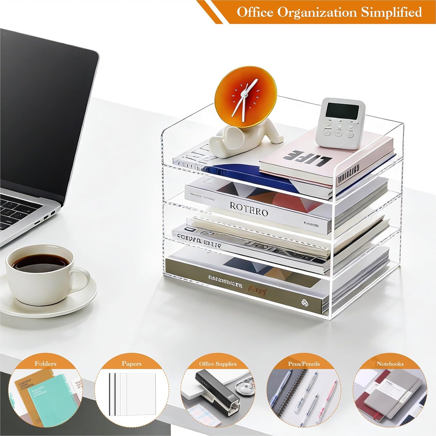 HeZone Paper Organizer, 2 Tier Stackable A4 Size Acrylic Letter Tray, Office/Home/School Organization - Clear