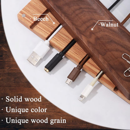 Magnetic Cord Holder with 6 Slots - Walnut & Beech Wood Cable Organizer for Lightning, USB, USB-C, Stick-on Design for Desk, Under Desk, Nightstand