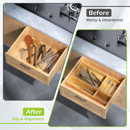 Bathroom Drawer Organizer Trays, Bamboo Drawer Organizer Kitchen Utensils Silverware Organizer, 8 PCS Wood Box Stackable Bins for Makeup, Office Desk, Junk Drawer (Black)