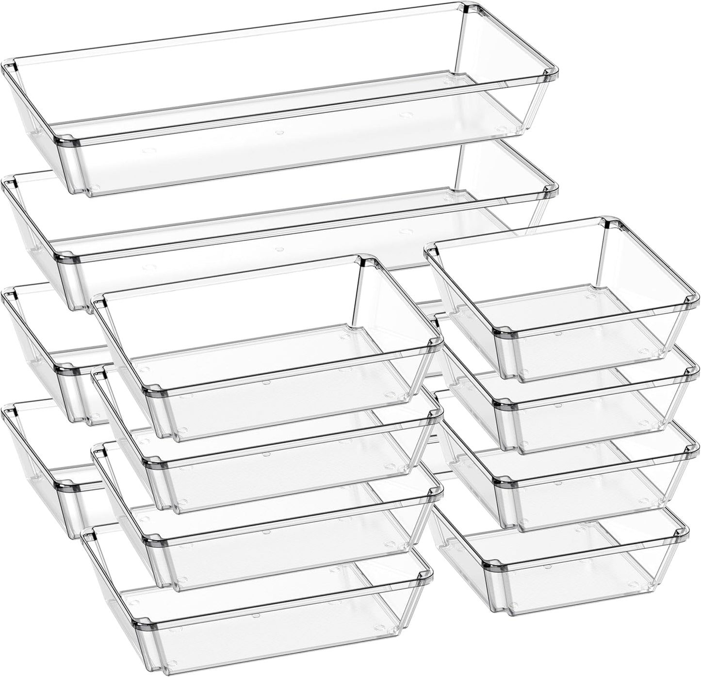 6 Pack Large Clear Plastic Drawer Organizer Trays, Desk Drawer Organizers and Storage Dividers, Non-Slip Storage Bins for Jewelry, Snacks, Office, Bathroom, Bedroom and Kitchen