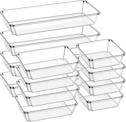 6 Pack Large Clear Plastic Drawer Organizer Trays, Desk Drawer Organizers and Storage Dividers, Non-Slip Storage Bins for Jewelry, Snacks, Office, Bathroom, Bedroom and Kitchen