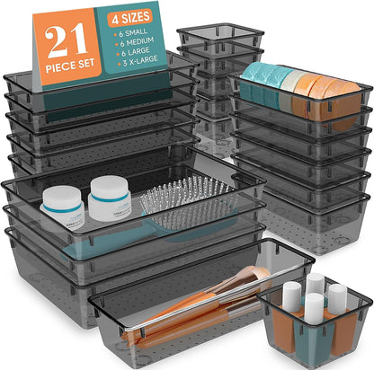 WOWBOX 21 PCS Clear Plastic Drawer Organizer Set, 4 Sizes Desk Drawer Divider Organizers and Storage Bins for Makeup, Jewelry, Gadgets for Kitchen, Bedroom, Bathroom, Office, Black
