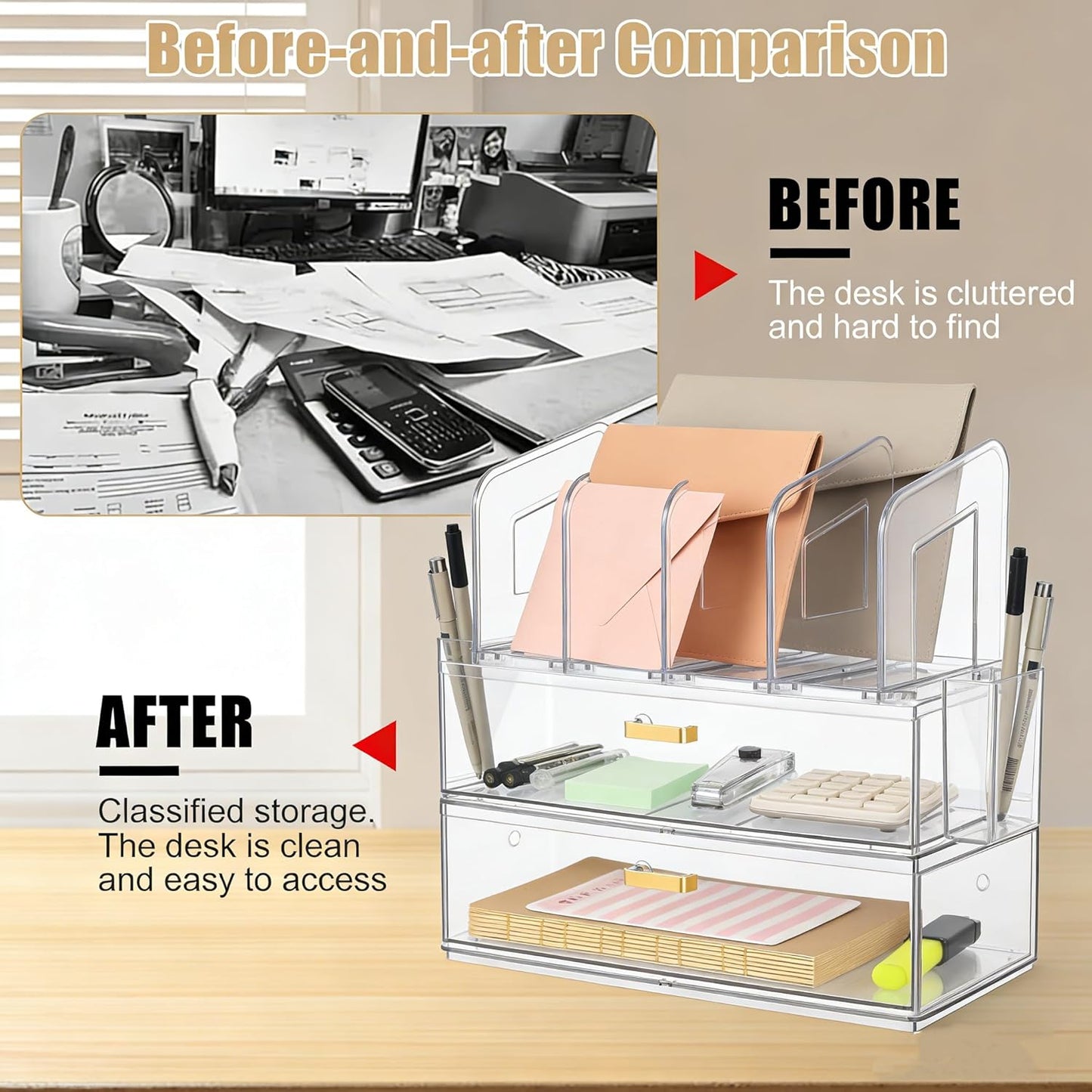 LALOBLUE Acrylic Desk Organizer with Drawer and Vertical File Holder, Desk Organizers and Accessories, Multi-Functional Office Supplies Organizer for Home or Work Desk, White