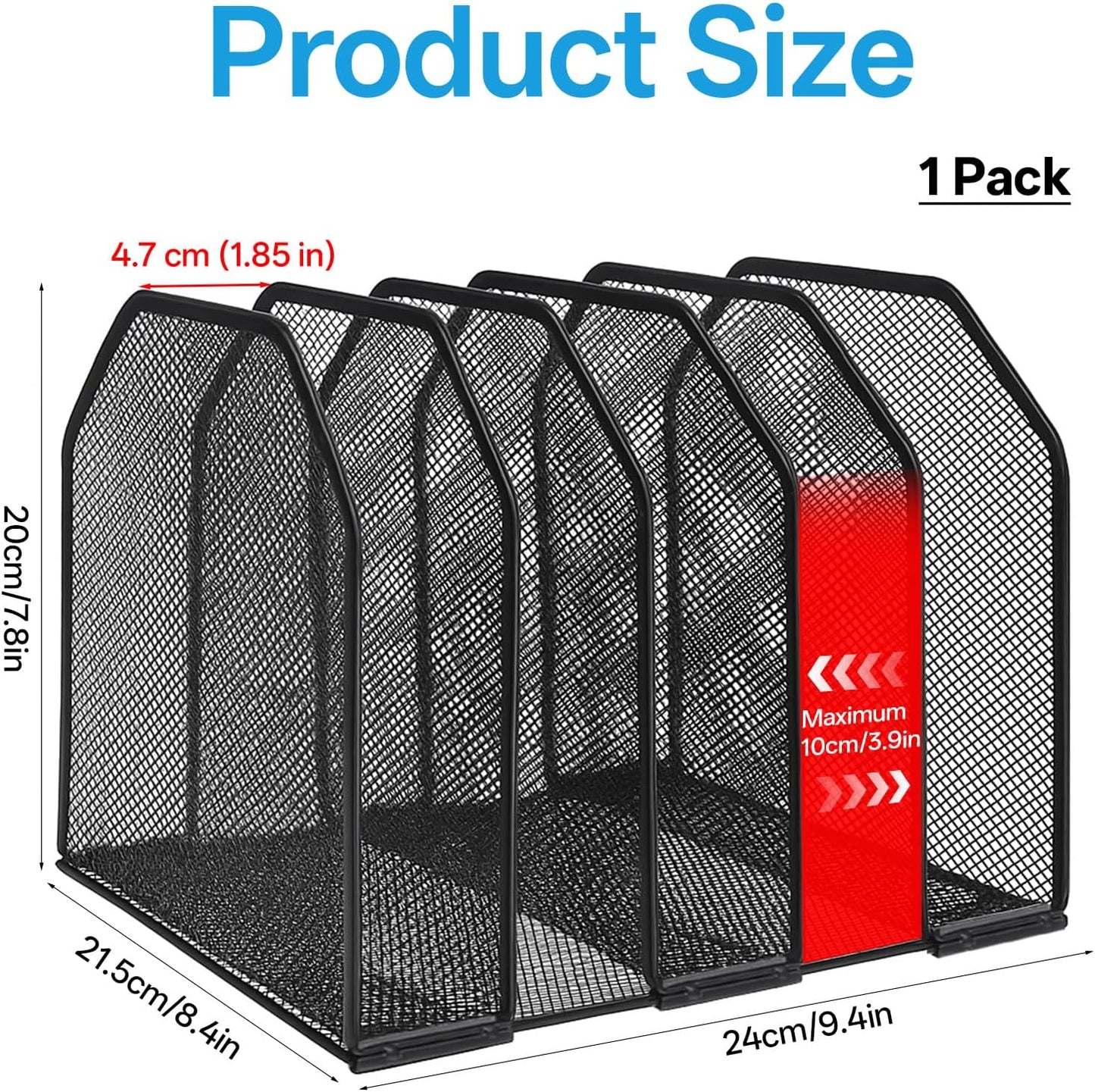 Desk File Organizer Vertical 5 Sections Metal Adjustable Magazine Holder Upright Desktop Bookshelf Organizer Stand File Sorter Office Desk Accessories Black