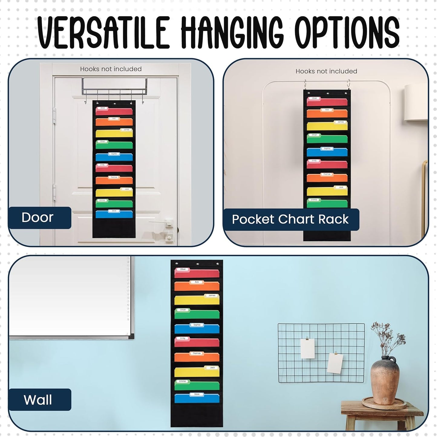 Essex Wares - 7 Pocket File Pocket Chart, Black, Tall - Versatile Wall Hanging File Folder Organizer for Classroom, Office, Home, and More - Wall Folder Organizer - 7 Pockets