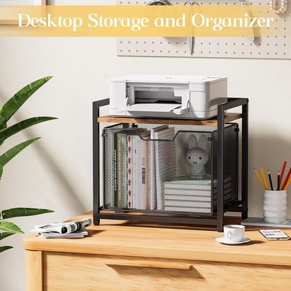 JKsmart Under Desk Storage, Printer Stand with Drawer, Rolling File Cabinet with Adjustable Table Top, 2 Tier Industrial Shelf on Fixed Feet Wheels, Sofa Side Table Organizer for Home, Office, Black