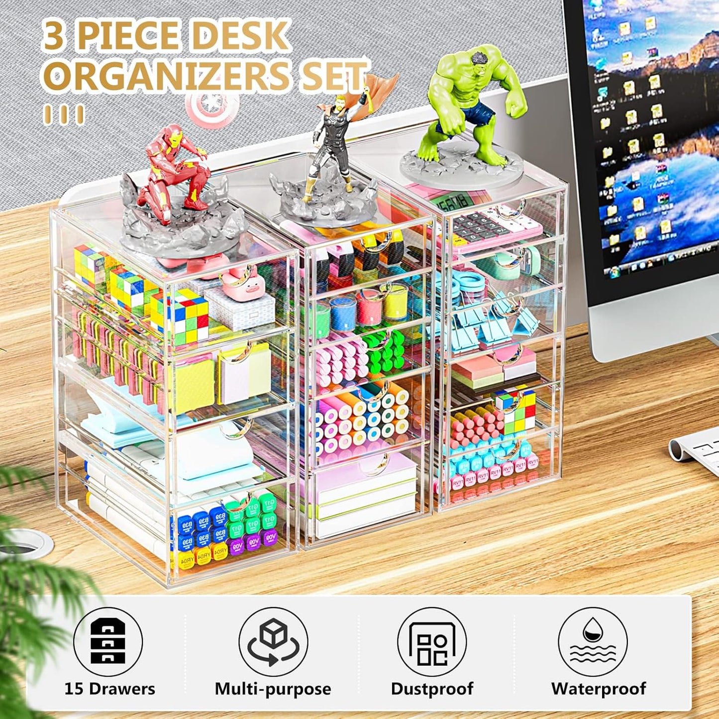 YFXCVSL Acrylic Makeup Organizer with 19 Drawers, 4 Pack Clear Storage Drawers, Bathroom Makeup Organizer for Palettes, Cosmetic, and Beauty Supplies,Ideal for Vanity, Cabinet,Desk Organization
