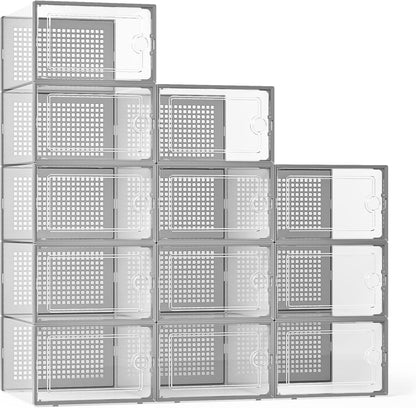 Kuject X-Large Shoe Storage Boxes Organizers Clear Plastic Stackable 12 Pack, Shoe Rack & Holder Substitute, Sneaker Containers, Toy Storage Organizer Bins for Entryway, Closet, Under Bed, Black
