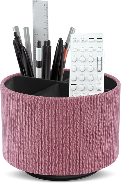 Hennaja Round Leather Art Supply Organizer,Remote Control Holder,360 Degree Rotating,Multi-Functional Pencil Holder,4 Compartments Desktop Stationary Organizer(1-Blue Bird) - Colors B
