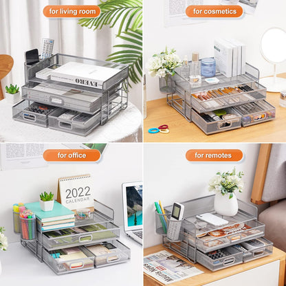 Marbrasse 3 Tier Mesh Desk Organizer with Drawer, Multi-Functional Desk Organizers and Accessories, Paper Letter Organizer with 2 Pen Holder for Home Office Supplies (Black)