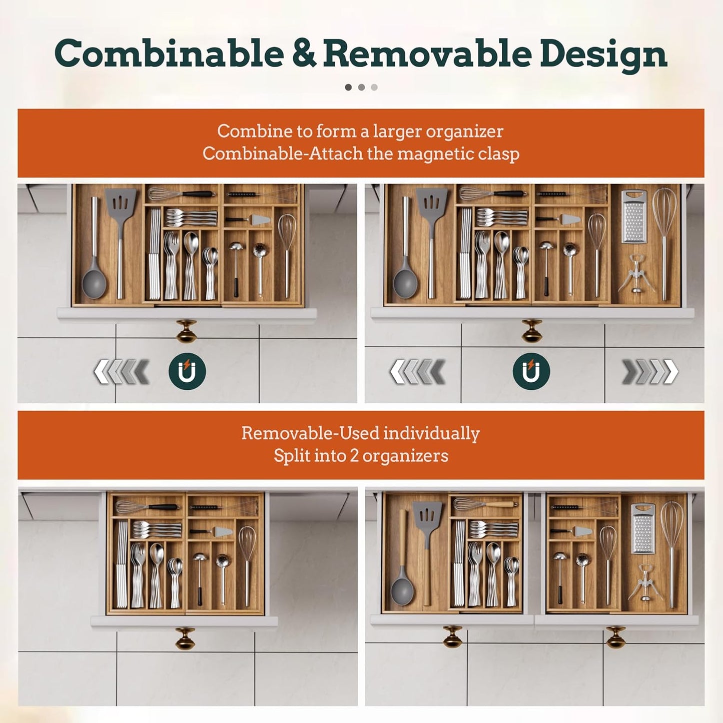 Silverware Organizer Large, Magnetic Connected Expandable 13 Slots Silverware Drawer Organizer From 21 to 37.4 Inches, Adjustable Flatware and Cutlery Holder, Bamboo Utensil Tray for Kitchen Natural