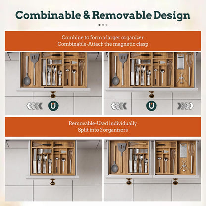 Silverware Organizer Large, Magnetic Connected Expandable 13 Slots Silverware Drawer Organizer From 21 to 37.4 Inches, Adjustable Flatware and Cutlery Holder, Bamboo Utensil Tray for Kitchen Natural