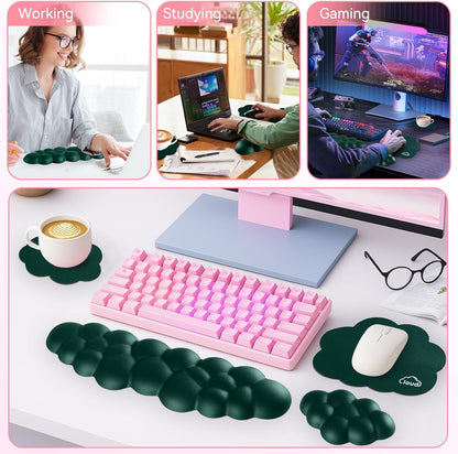 Sushret Cloud Wrist Rest for Computer Keyboard, 4-in-1 Memory Foam Leather Cloud Keyboard Wrist Rest and Mouse Pad Set with Ergonomic Support for Arm and Palm Cushion, Gaming/Work Setup, Rainbow