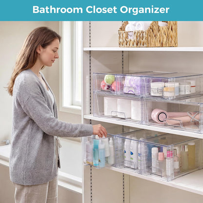 Vtopmart 4 Pack Clear Stackable Storage Drawers,Under Sink and Kitchen Organizers Storage,Easy to Assemble Plastic Drawers for Baby Bottle,Medicine, Bathroom,Cabinet and Pantry Organization