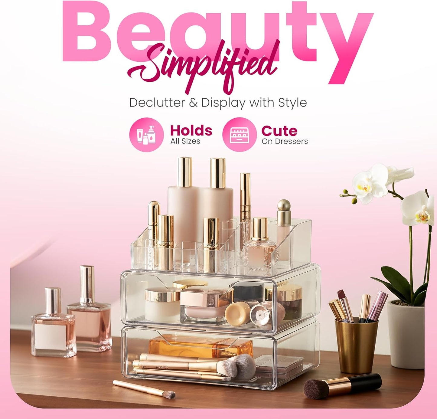 Masirs Clear Makeup Organizer - 16-Compartment Cosmetic and Jewelry Holder with 4 Drawers - Vanity Storage Box for Makeup, Skincare, Accessories, and Jewelry Display