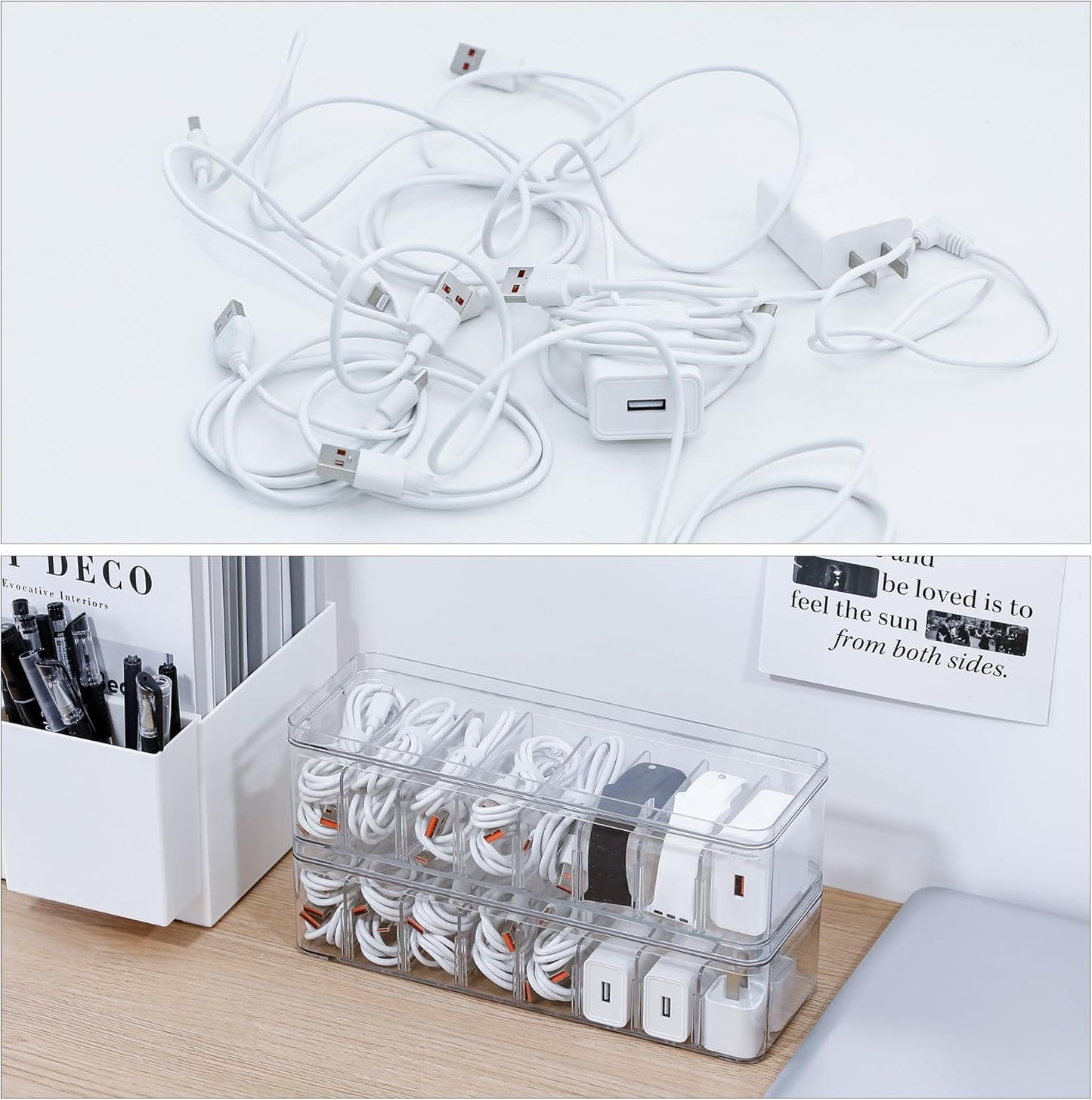 Cord Storage Organizer for Desk Drawer, Plastic Adjustable Cable Organizer Box with Lid and Wire Ties, Clear Phone Charger Case for Home Office
