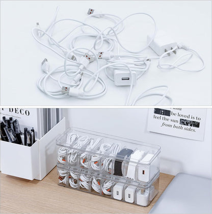 Cord Storage Organizer for Desk Drawer, Plastic Adjustable Cable Organizer Box with Lid and Wire Ties, Clear Phone Charger Case for Home Office
