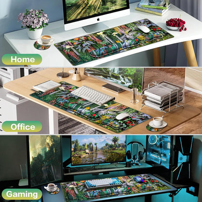 Desk Mat, Large Gaming Mouse Pad with Wrist Rest, 4in1 XXL Mousepad+Keyboard Wrist Rest+Mouse Pad Wrist Support+Cup Coaster Set Ergonomic Floral Computer Desk Arm Wrist for Decor Home Office Women
