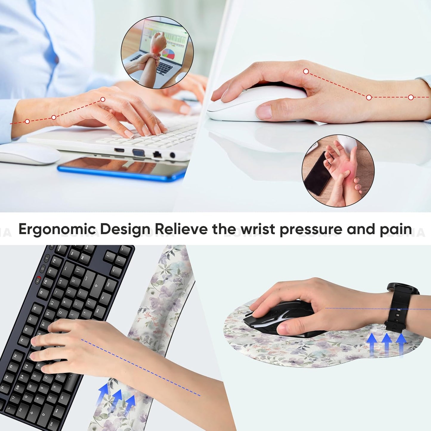 Ergonomic Keyboard Mouse Pad Wrist Rest Support Set for Laptop/Computer/Desktop,Memory Foam Hand Rest Wrist Cushion for Gaming/Office,Lightweight Comfortable & Pain Relief (Flowers)