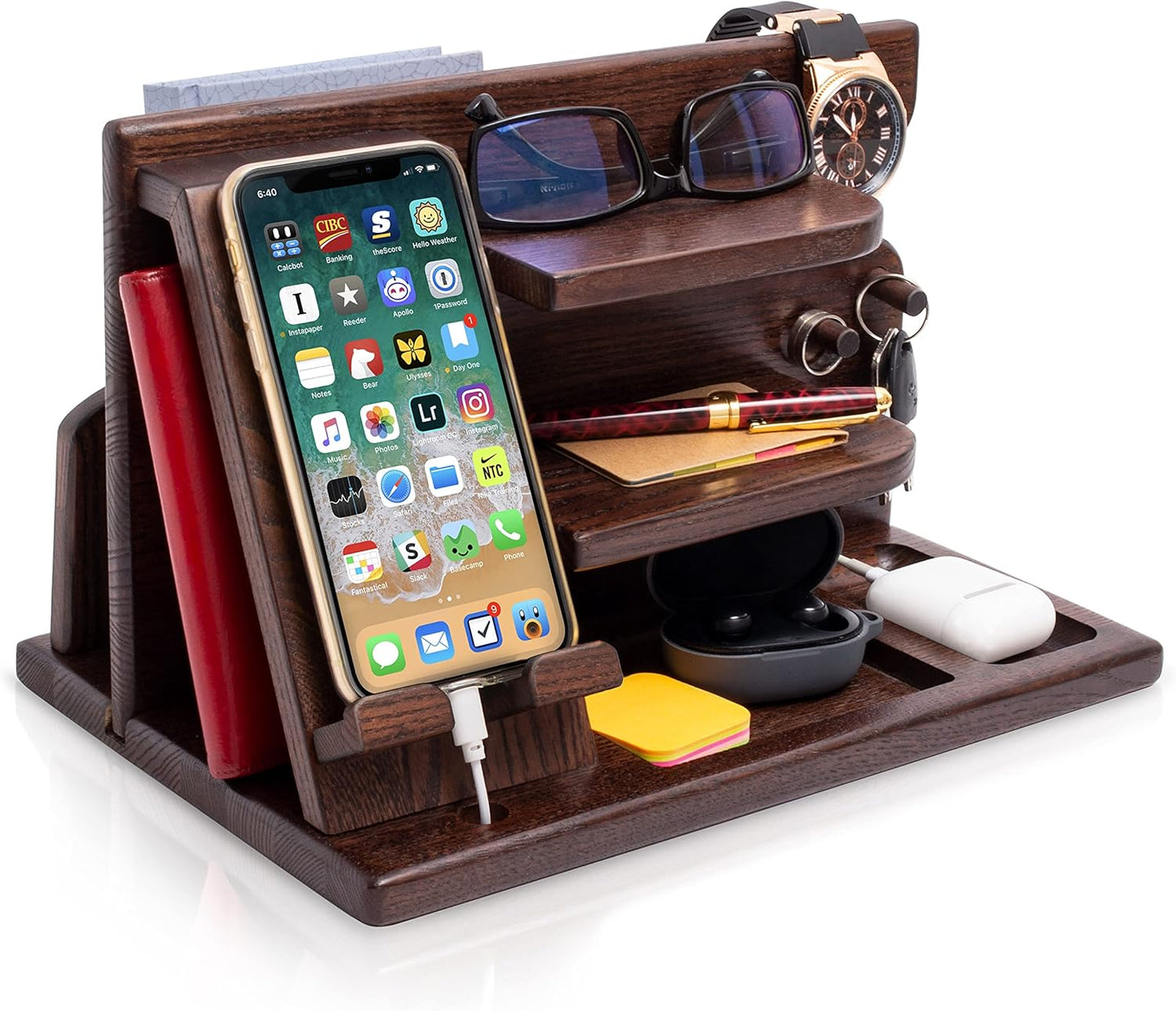 TESLYAR Wood Phone Docking Station for Men - Desktop or Nightstand Organizer - Birthday Gifts for Men, Dad - Anniversary Idea from Wife - Key Holder, Stand Wallet, Watch & Essentials (Granite Black)