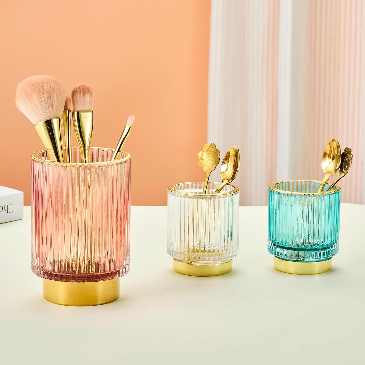 Makeup Brush Holder Organizer,Toothbrush Holders,Desk Pen Pencil Holder,Multifunctional Vintage Glass Brush Cup（L/Green/A3-6-US）