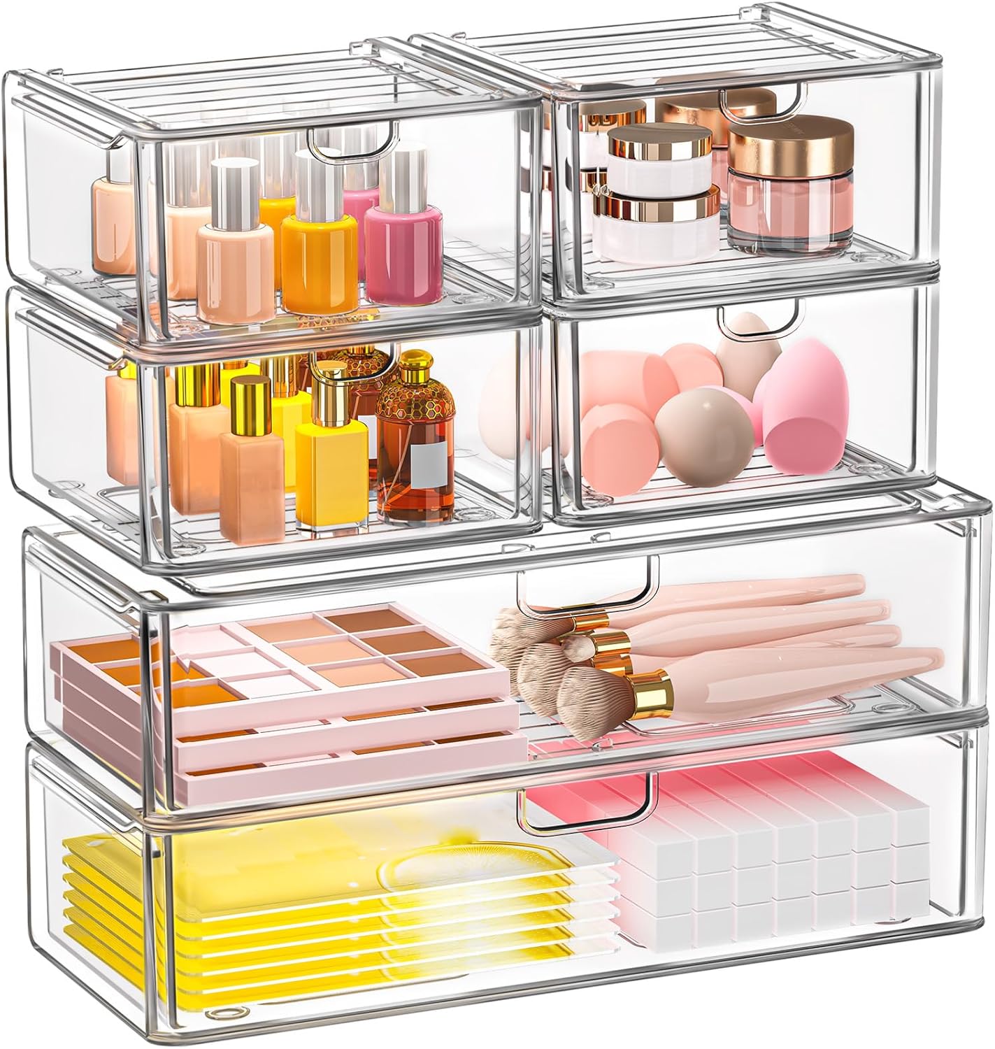 caktraie 6 Pack Small Stackable Stroage Drawers, Acrylic Bathroom Makeup Organizer, Plastic Storage Bins For Vanity, Undersink, Kitchen Cabinets, Pantry, Home Organization