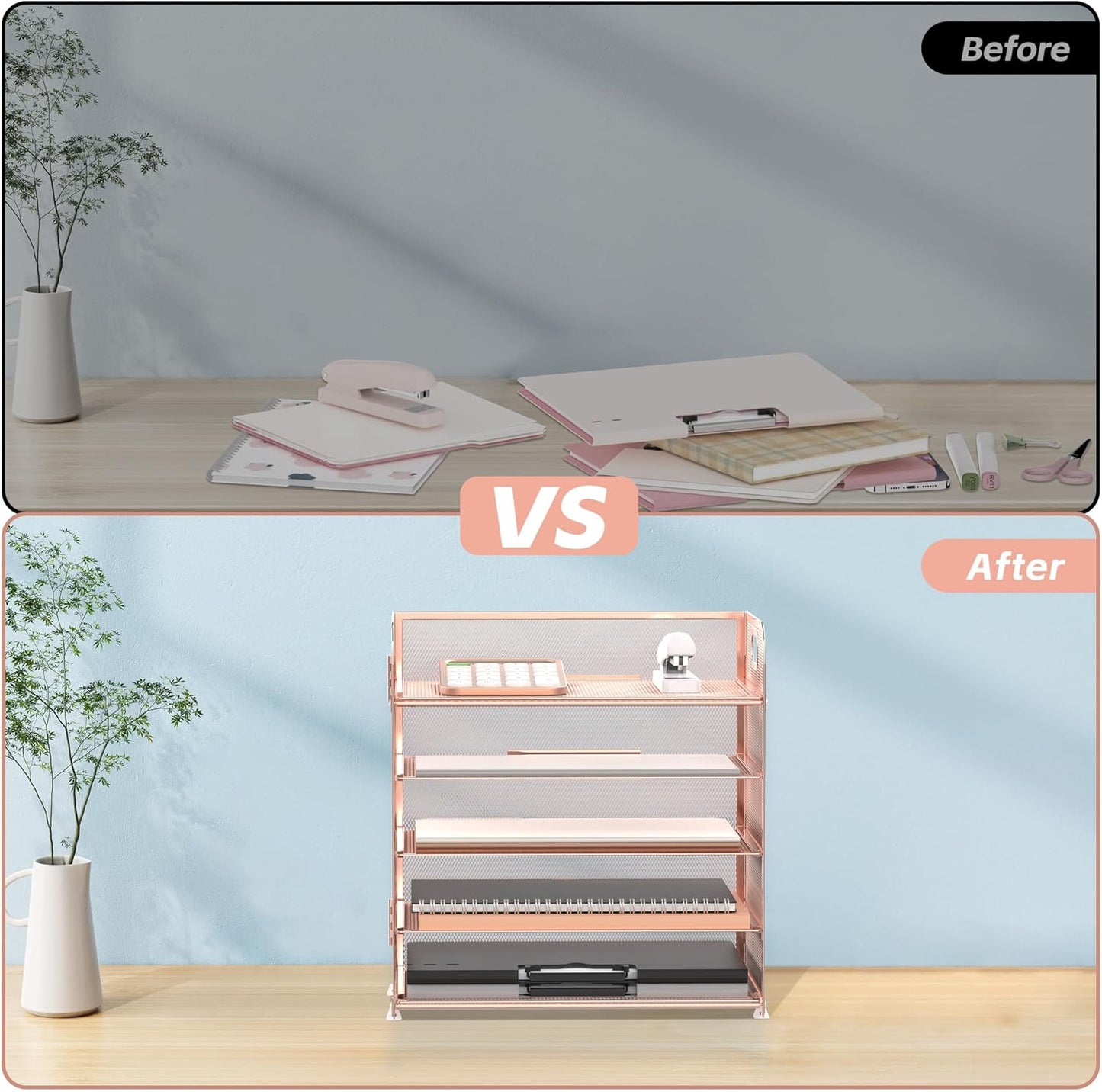 Supeasy 5 Trays Paper Organizer Letter Tray with Handle-Mesh Desk File Holders, Paper Sorter Desk Organizer for Office, Home, Classroom or School, White