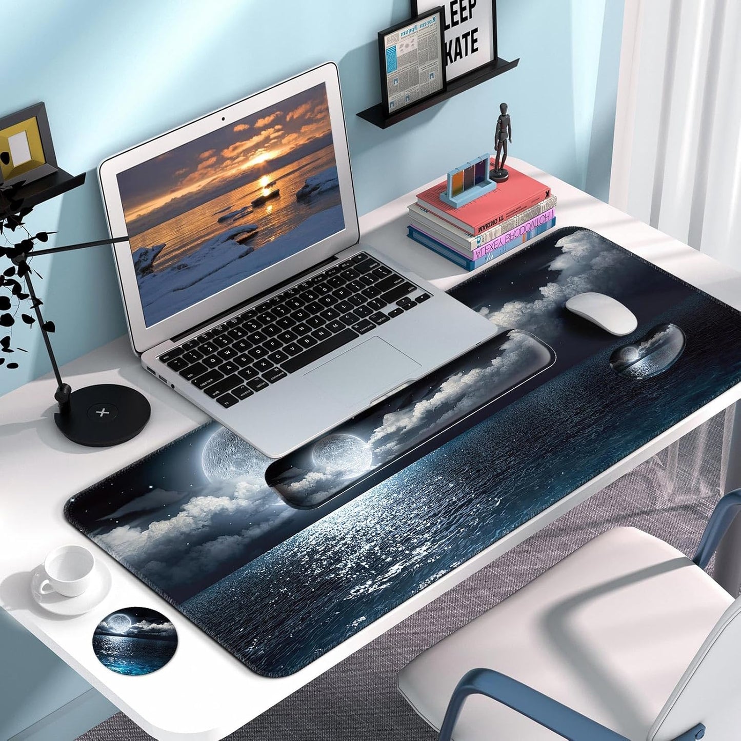 Keyboard Wrist Rest + Mouse Pad with Wrist Support + Desk Mat + Coaster 4 in 1 Set, XXL Large Gaming Mousepad Cute Ergonomic Mouse Pads for Desk Computer Laptop Office Decor-Beach