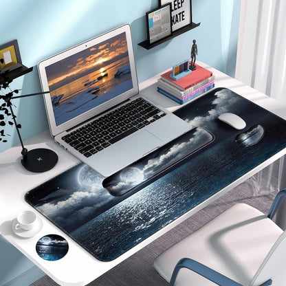 Keyboard Wrist Rest + Mouse Pad with Wrist Support + Desk Mat + Coaster 4 in 1 Set, XXL Large Gaming Mousepad Cute Ergonomic Mouse Pads for Desk Computer Laptop Office Decor-Beach