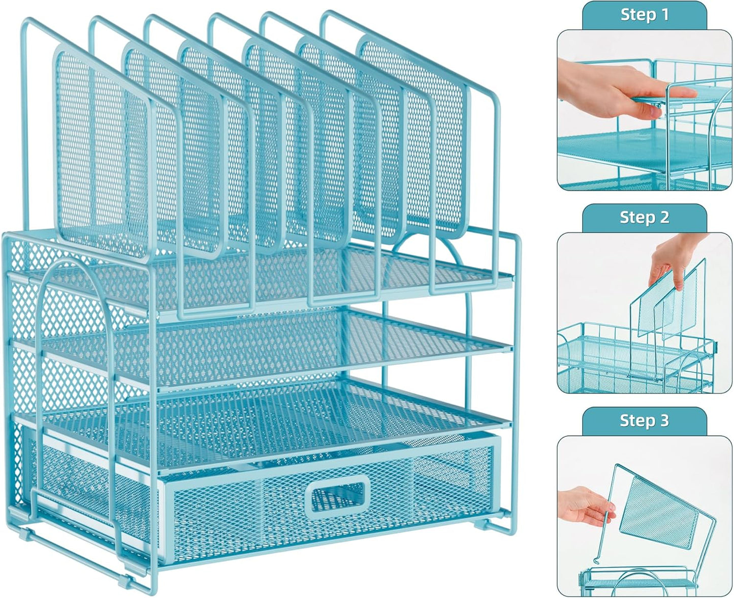 Marbrasse Desk Organizer with Drawer, 4-Tier Mesh File Organizer with 5 Vertical File Holders and 2 Pen Holders, Multifunction Desktop Organizer,Desk Organizers and Accessories for Home Office