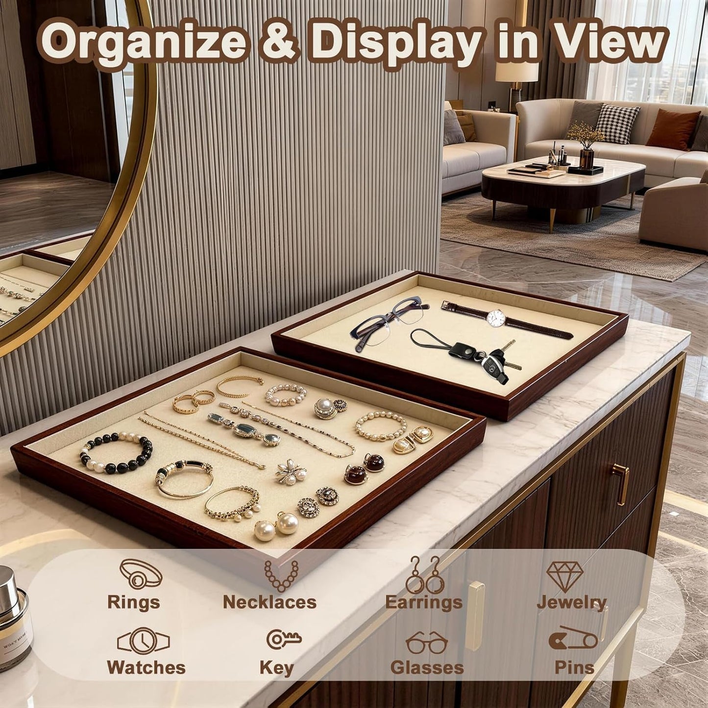 Large Solid Wood Jewelry Watch Tray, Velvet Jewelry Board Display Trays for Key Wallet Ring，Stackable Wooden Jewelry Drawer Organizer Showcase Jewelry Holder(Royal Blue)