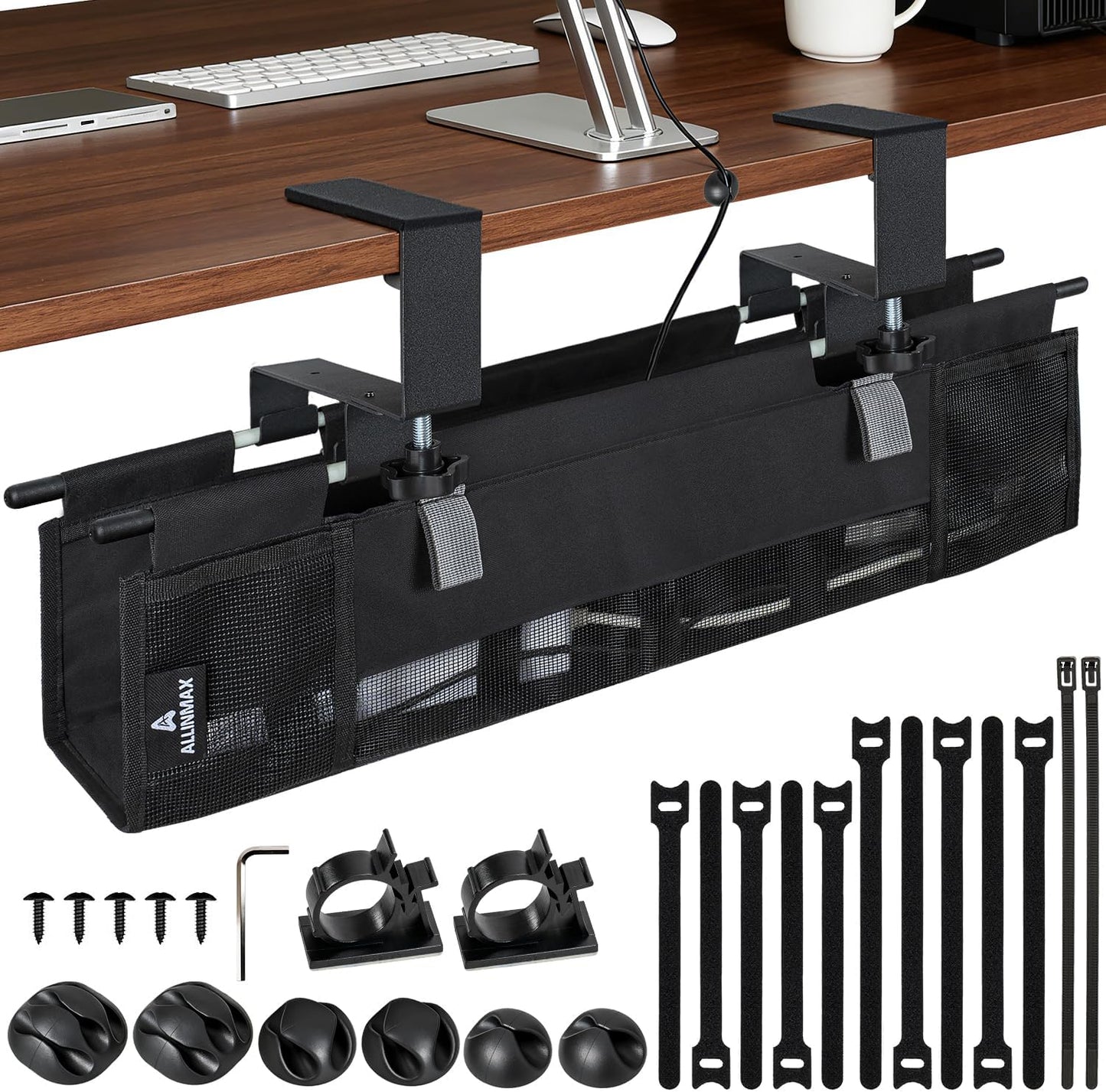 Fabric Under Desk Cable Organizer - Cord Organizer for Desk with 20-Piece Cable Management Kit, Easy Clamp or Screw Mount for Standing Desk Cable Management, Mesh Ventilation Slot