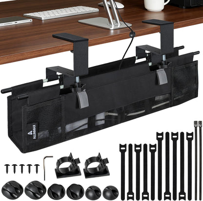 Fabric Under Desk Cable Organizer - Cord Organizer for Desk with 20-Piece Cable Management Kit, Easy Clamp or Screw Mount for Standing Desk Cable Management, Mesh Ventilation Slot