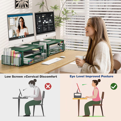 OPNICE Desk Organizer and Accessories, 2-Tier Computer Monitor Stand Riser with Drawer and 2 Pen Holders, Laptop Stand, Office Desk Accessories for Office Supplies, Black