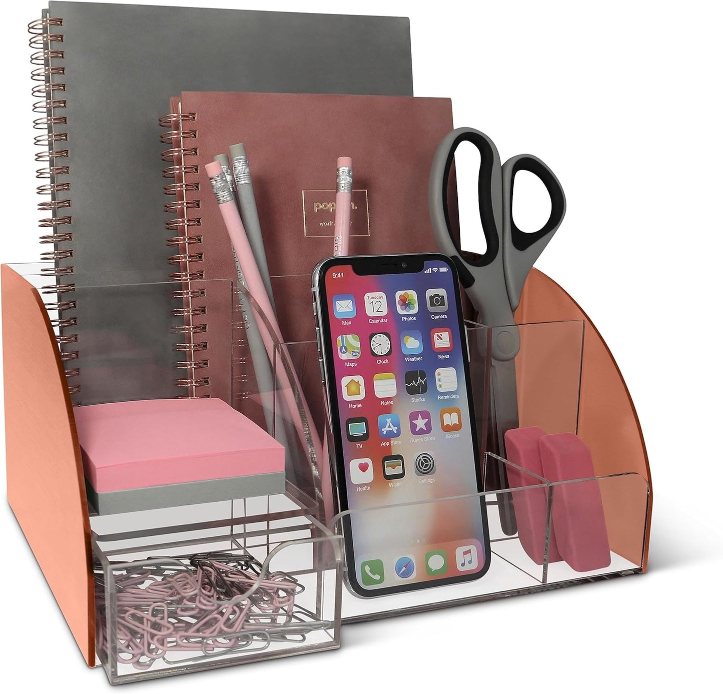 My Space Organizers Clear Acrylic Desk Oganizer, 9 Compartments, Office Supplies and Desk Accessories Organizer, Home Decor Desktop Organizer (Clear)