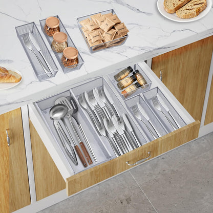 Neudeco Drawer Organizer Set 6 Pack - 5-Compartment Silverware Organizer Tray + 5 Utensil Trays, Kitchen Drawer Organizer for Flatware, Cutlery, Office Supplies, Black Mesh, Non-Slip.