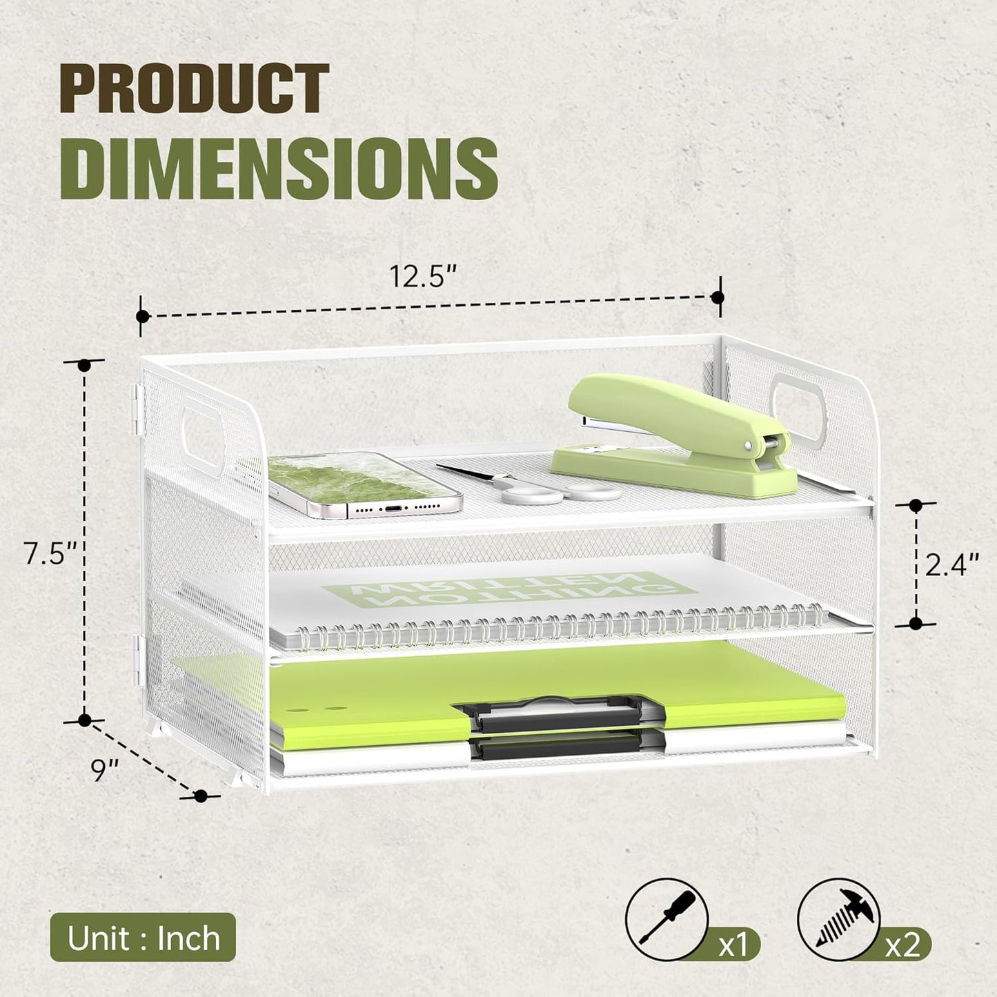 DALTACK 3 Tier Paper Organizer with Handle, Mesh Metal Desk Organizer with Sliding Paper Trays for Letter/A4 Paper, Mail, Bills & Folders, Black
