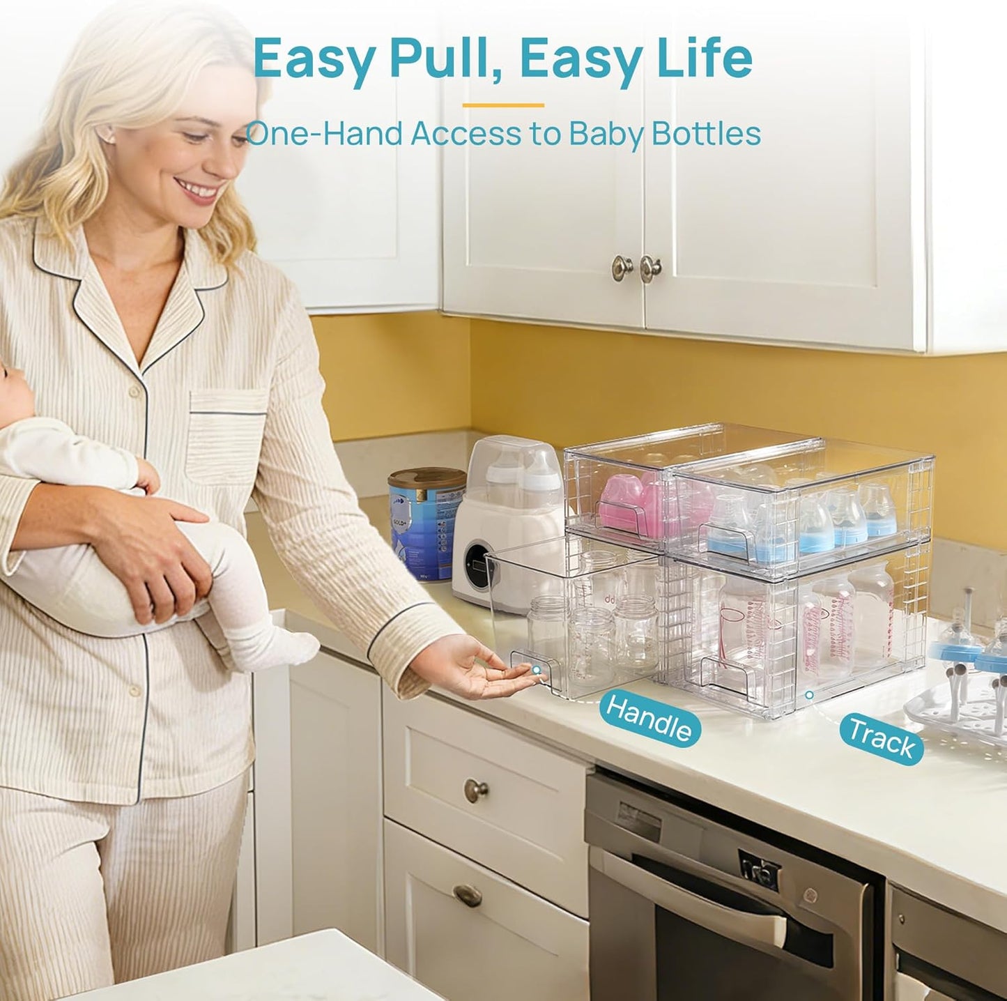 Vtopmart 4 Pack Clear Stackable Storage Drawers,Under Sink and Kitchen Organizers Storage,Easy to Assemble Plastic Drawers for Baby Bottle,Medicine, Bathroom,Cabinet and Pantry Organization