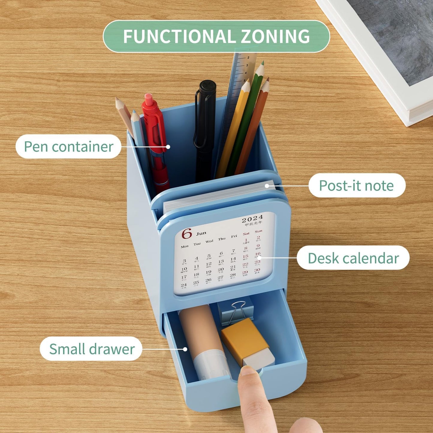 Upgraded Pen Holder with Built-in Calendar - Modern Desk Organizer for Office, School, Home, Premium Silicone Design with Chic Aesthetic, Multi-Functional Stationery & Makeup Storage - Blue