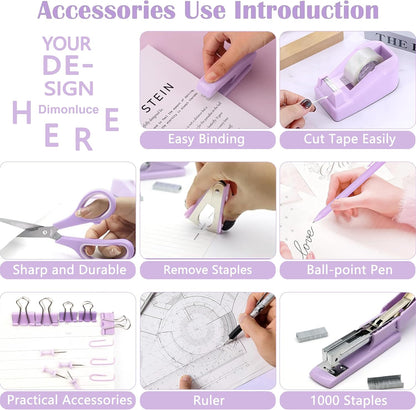 Gold Desk Accessories, Office Desk Organizers and Accessories 360°Pen Holder Acrylic Stapler Set, Phone Holder, Ballpoint Pen, Scissor, Binder Clips, Ruler, Transparent Glue, Sticky Note and Staples.