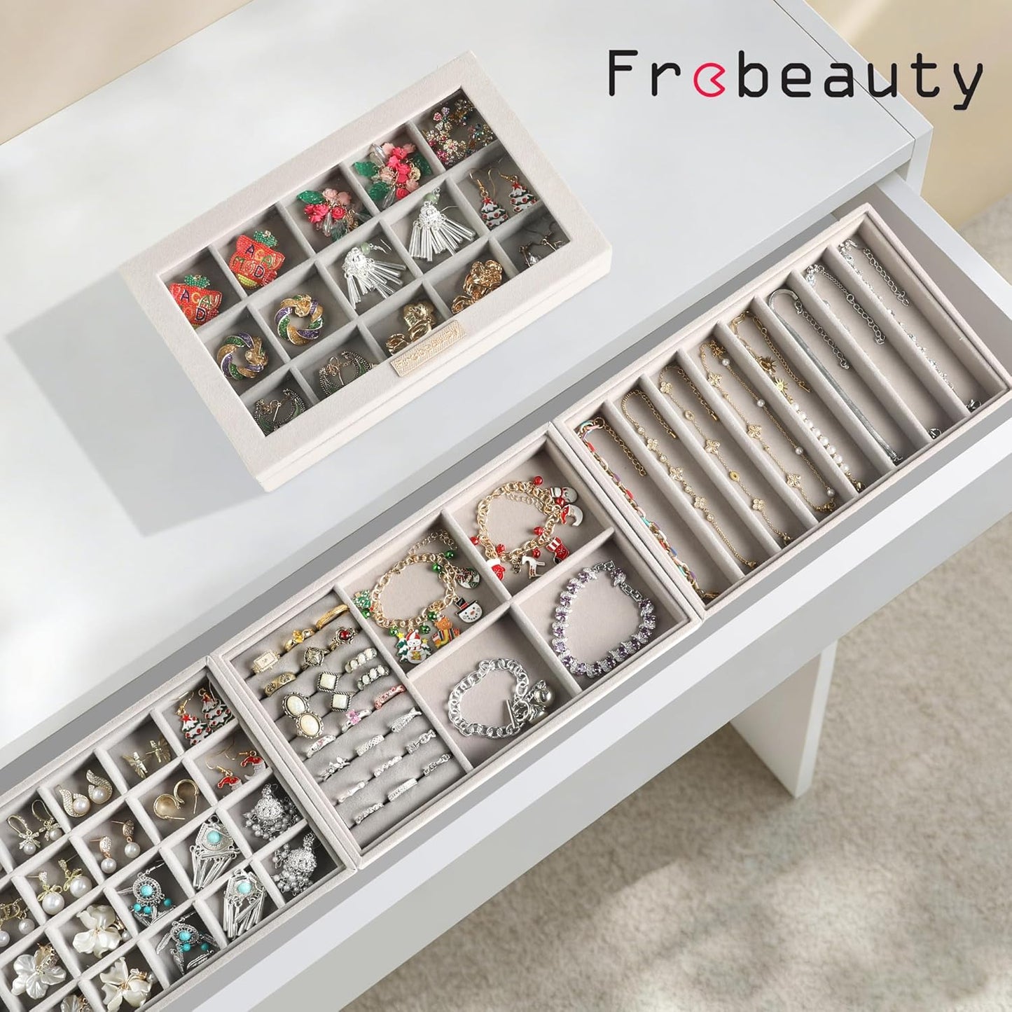Frebeauty Stackable Jewelry Trays, Velvet Drawer Jewelry Organizer with Glass Lid,5 in 1 Multi-Functional Jewelry Storage for Earrings Necklaces Rings, 10.5 x 6.5 x 5.55 Inches Gift for Women(Beige)
