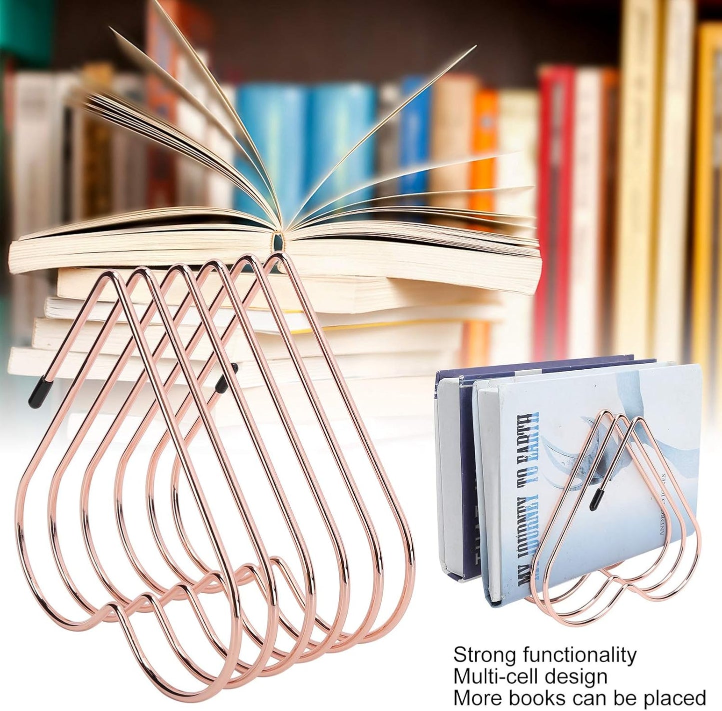 Watris Veiyi Files Folder Stand, Desktop Iron Storage Rack, Book Record Holder, Desktop Album Storage Rack, Vinyl Record Stand Holder, 5 Slot Heart Shaped File Holder for Desk (Rose Gold)