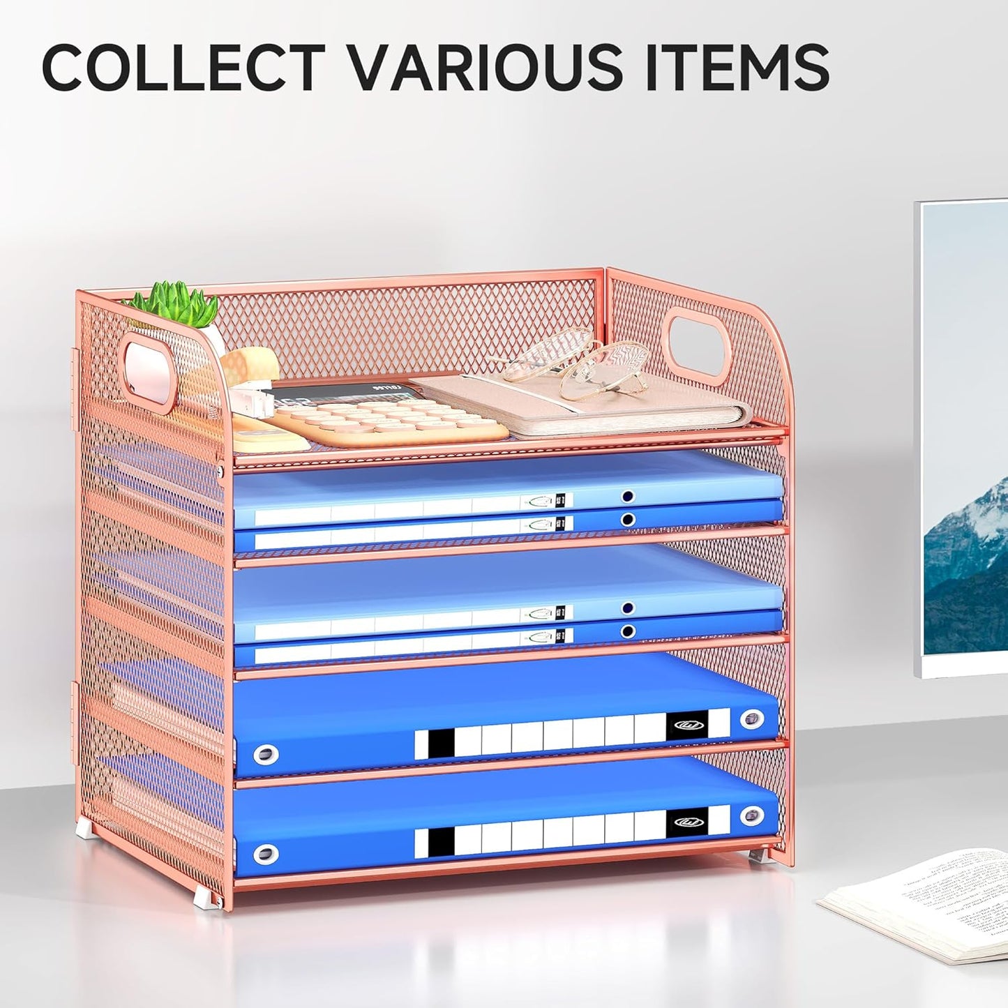 Paper Organizer Letter Tray with Handle, 5-Tier Black Stackable Desk Organizer with Metal Mesh, Sturdy Paper Tray for Office Desk, Home & Classroom Supplies Storage